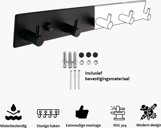 Brute Strength - RVS Kapstok - 5 haken - 32 cm - Mat Zwart - Wandkapstok industrieel - Hangend Design Muurkapstok thumbnail 4
