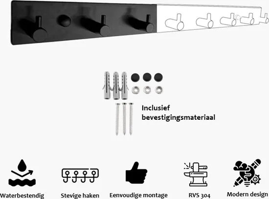 Brute Strength - RVS Kapstok - 8 - haaks - 53 cm - Mat Zwart - Wandkapstok thumbnail 3