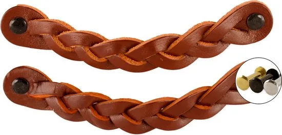 Leren handgrepen - Cognac - 2 stuks - Gevlochten - 16,5 x 2,5 cm - incl. 3 kleuren schroeven - Handgrepen leer thumbnail 1