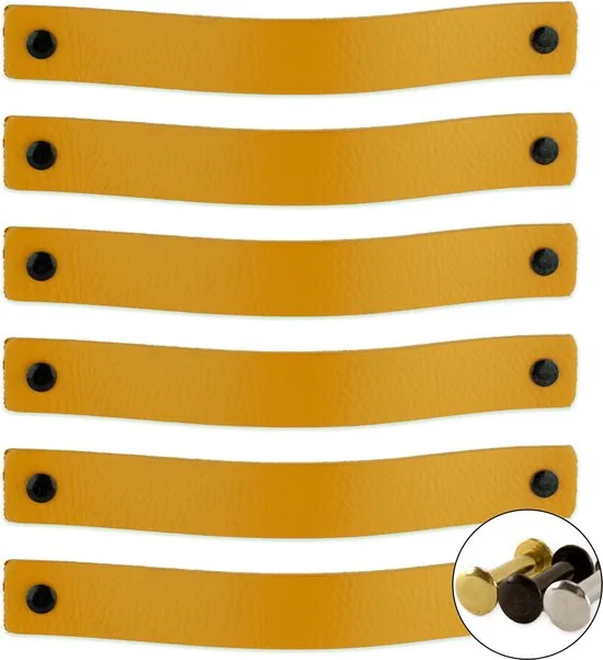 Leren handgrepen - Okergeel - 6 stuks - 20,0 x 2,5 cm - incl. 3 kleuren schroeven - Gele handgrepen leer - Leren meubelgreep - Afbeelding 1