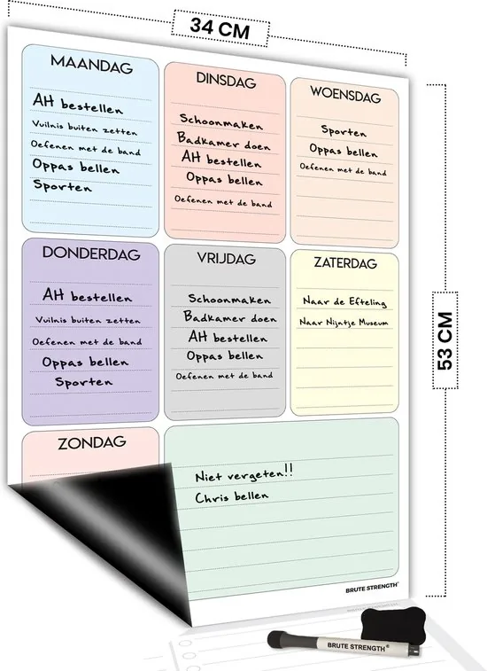 Brute Strength - Magnetisch Weekplanner whiteboard (21) - 53 x 34 cm - Planbord - Familieplanner - Gezinsplanner - To Do Planner - Afbeelding 1