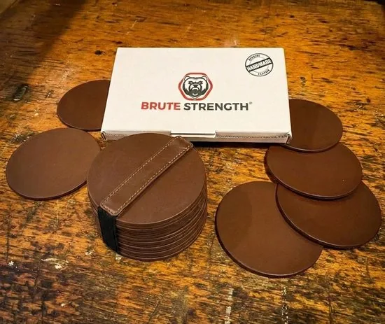 Brute Strength - Onderzetters voor glazen - Leer - Bruin - Rond - 6 stuks - Bruine leren onderzetters thumbnail 5