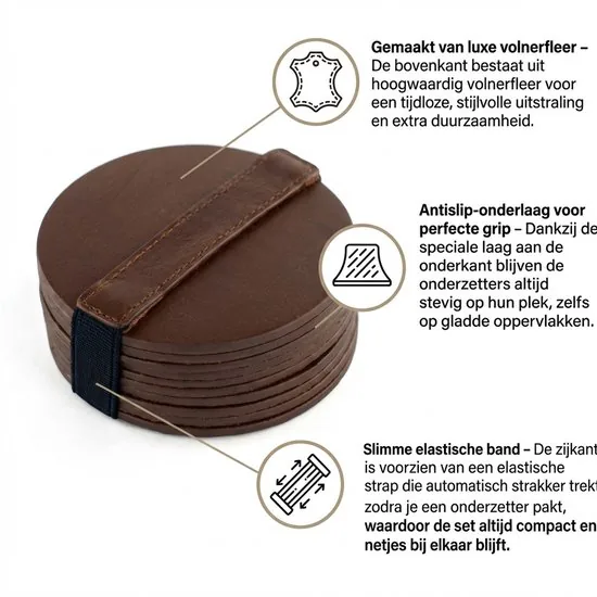 Brute Strength - Onderzetters voor glazen - Leer - Bruin - Rond - 6 stuks - Bruine leren onderzetters thumbnail 6