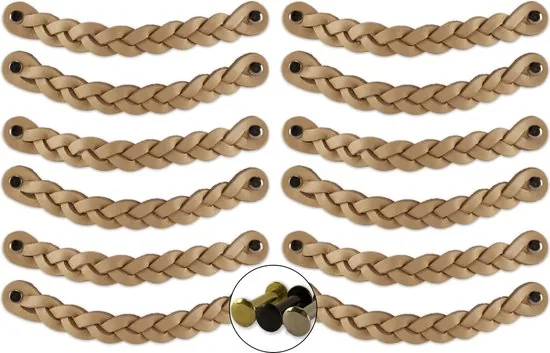 Leren handgrepen - Naturel - 12 stuks - Gevlochten - 20 x 2,5 cm - incl. 3 kleuren schroeven - Handgrepen leer thumbnail 1