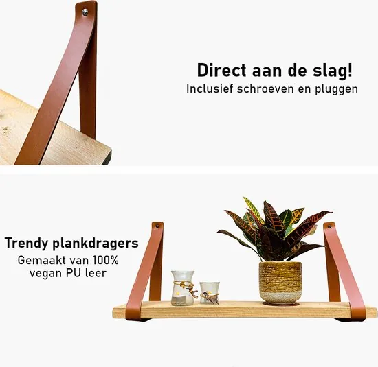 Leren plankdragers - Cognac - 2 stuks - PU lederen planken dragers - Kunstleer plank dragers - Wandplank industrieel - Legplankdrager thumbnail 3