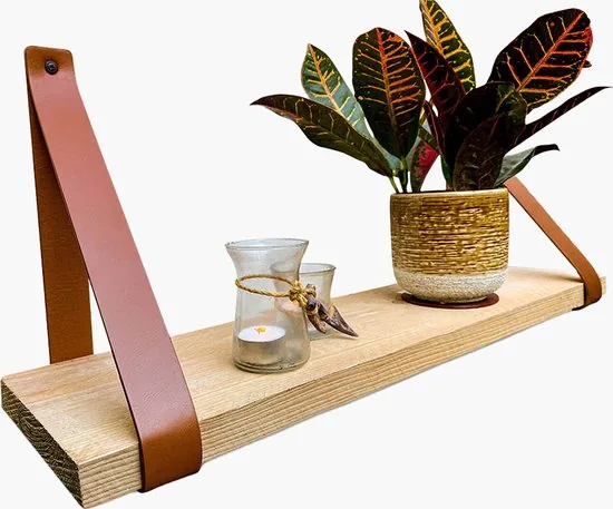 Leren plankdragers - Cognac - 2 stuks - PU lederen planken dragers - Kunstleer plank dragers - Wandplank industrieel - Legplankdrager thumbnail 7