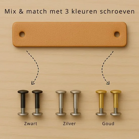 Leren handgrepen - Cognac - 12 stuks - 16,5 x 2,5 cm - incl. 3 kleuren schroeven - Handgrepen leer - Leren meubelgreep thumbnail 11