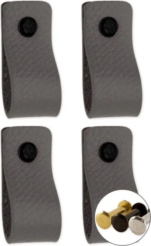 Leren handgrepen - Grijs - 4 stuks - 12,5 x 2,5 cm - incl. 3 kleuren schroeven - Grijze handgrepen leer - Leren meubelgreep thumbnail 1