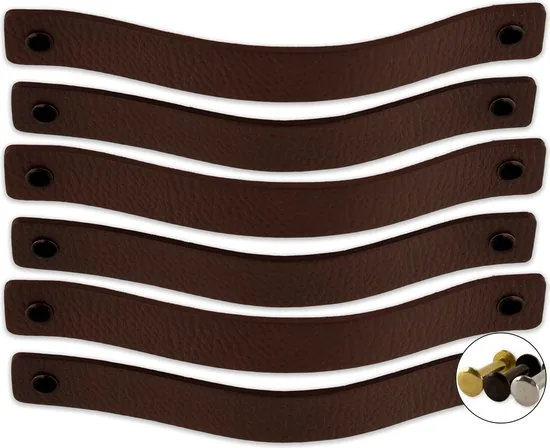 Leren handgrepen - Kastanje Bruin - 6 stuks - 20 x 2,5 cm - incl. 3 kleuren schroeven - Handgrepen leer - Leren meubelgreep - Afbeelding 1