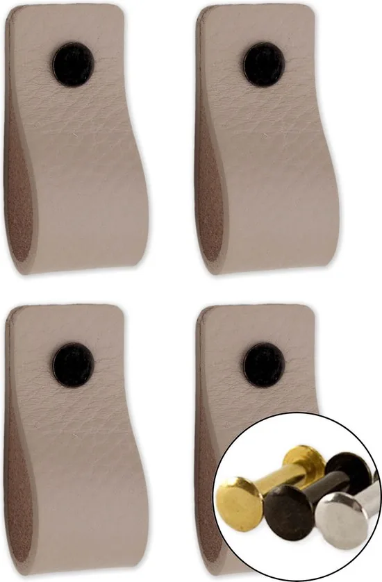 Leren handgrepen - Licht Grijs - 4 stuks - 12,5 x 2,5 cm - incl. 3 kleuren schroeven - Handgrepen leer - Leren meubelgreep thumbnail 1