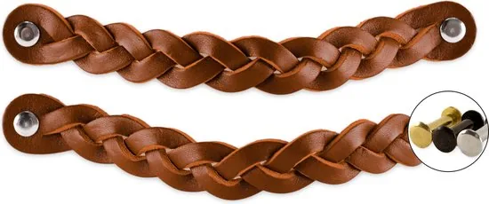 Leren handgrepen - Cognac - 2 stuks - Gevlochten - 20 x 2,5 cm - incl. 3 kleuren schroeven - Handgrepen leer - Afbeelding 1