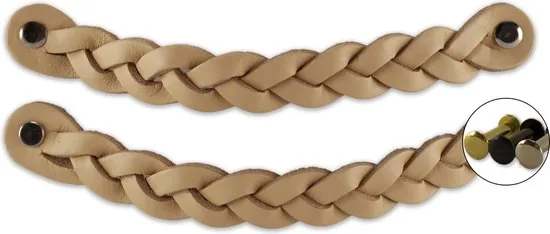 Leren handgrepen - Naturel - 2 stuks - Gevlochten - 20 x 2,5 cm - incl. 3 kleuren schroeven - Handgrepen leer - Afbeelding 1