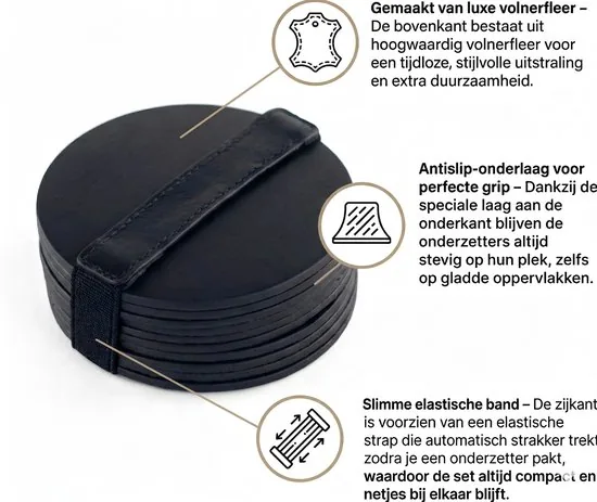 Brute Strength - Onderzetters voor glazen - Leer - Zwart - Rond - 14 stuks thumbnail 3
