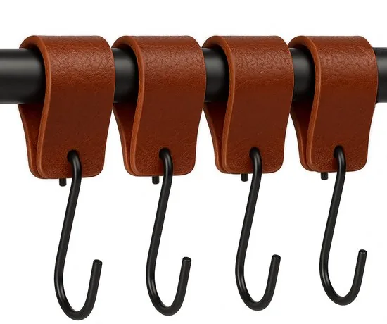 Brute Strength - Leren S-haak hangers - Cognac - 4 stuks - 12,5 x 2,5 cm - Zwart zilver - Leer - Afbeelding 1